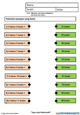 Menyelesaikan ayat matematik tambah dan tolak hingga tiga nilai masa melibatkan bulan dan tahun
