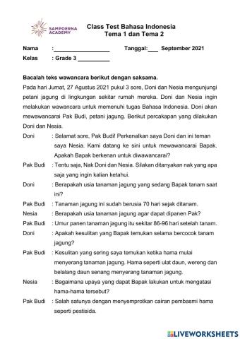 Class Test Bahasa Indonesia Grade 3 Harvey