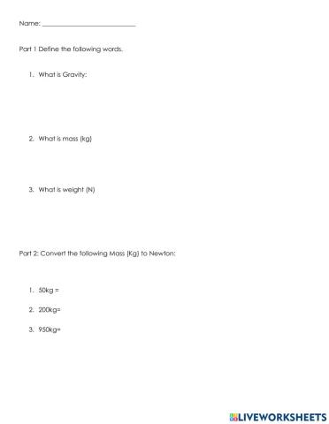 GRavity Worksheet