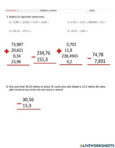Sumas y restas de numeros decimales