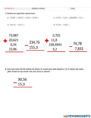 Sumas y restas de numeros decimales