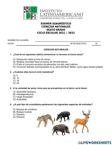 Examen Diagnóstico ciencias Naturales