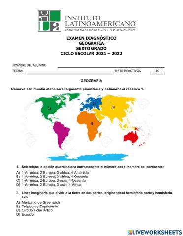 Examen Diagnóstico de Geografía 6º