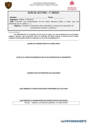 Guía de aprendizaje - Romeo y Julieta (Ficha)