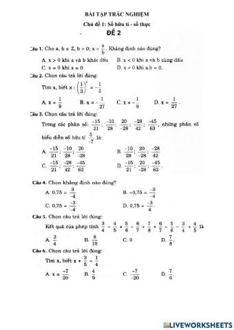Đề 2 - chủ đề: Số hữu tỉ - số thực