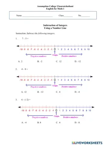 Subtraction of Integers using Number Line