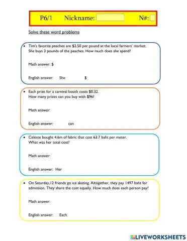Word problems Decimals
