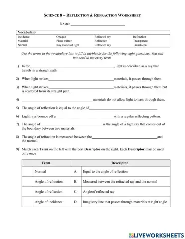 Reflection refraction worksheet