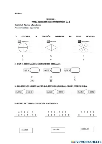 Tareas diagnósticas matemáticas