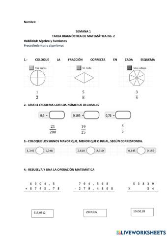 Tareas diagnósticas matemáticas