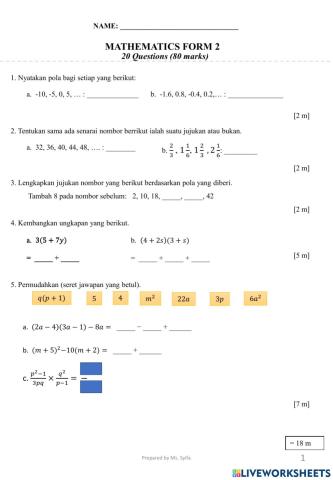 Form 2 Mathematics Mid Term 2021 (BM)