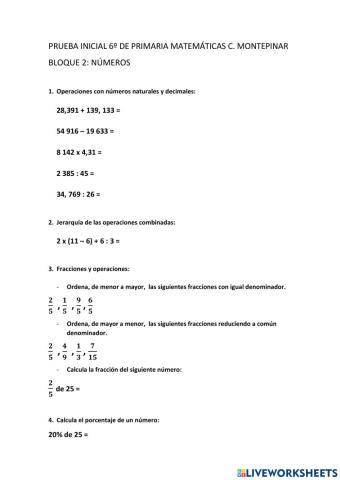 Prueba inicial  6º Primaria Matemáticas C.Montepinar Bloque 2 números