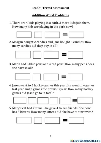 Word Problems - Addition Single digit