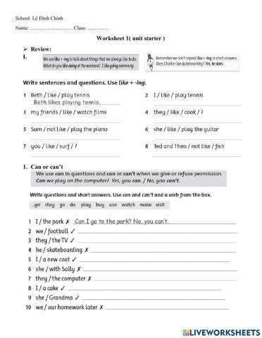 worksheet - unit starter - like + Ving - Can or Can't