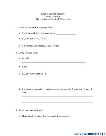 Place Value to Hundred Thousands