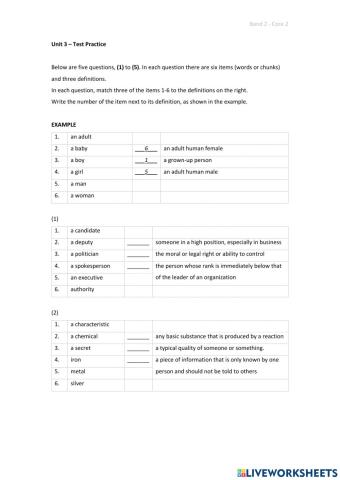 Band 2 (Core 2) - Unit 3 - Test