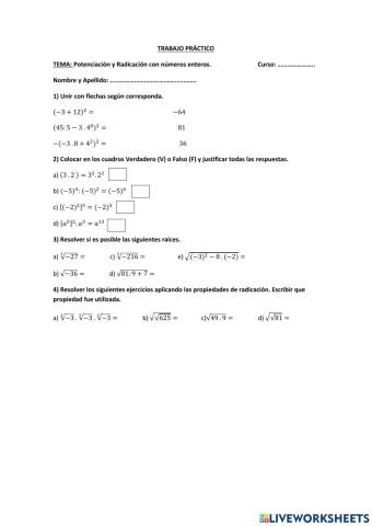 Trabajo Práctico de Potenciación y Radicación con Enteros