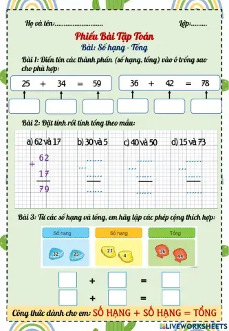 Ôn tập Toán 2 - Số hạng - Tổng và Số bị trừ - Số trừ - Hiệu