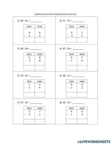 Subtraction without regrouping within 100