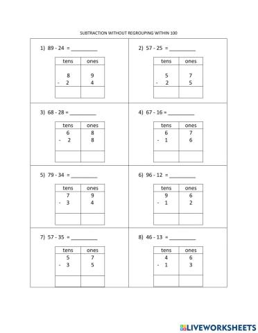 Subtraction without regrouping within 100