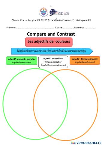 ใบงาน Compare and Contrast เรื่อง Les adjectifs de  couleurs