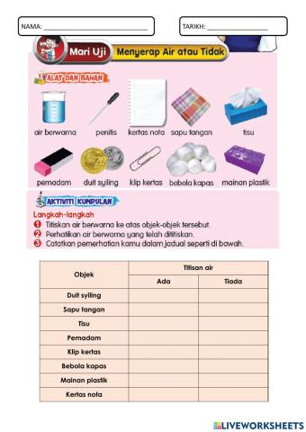 Objek Menyerap Air, Objek Tidak Menyerap Air