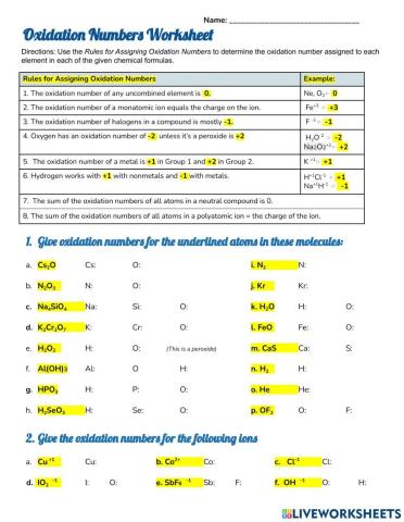 Oxidation Numbers Worksheet