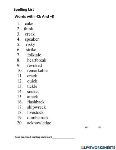 Spelling list k and ck