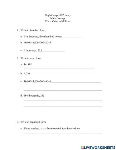 Place Value to Million