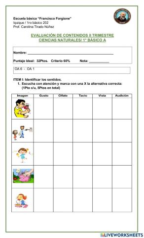 Evaluación seres vivos y los cinco sentidos