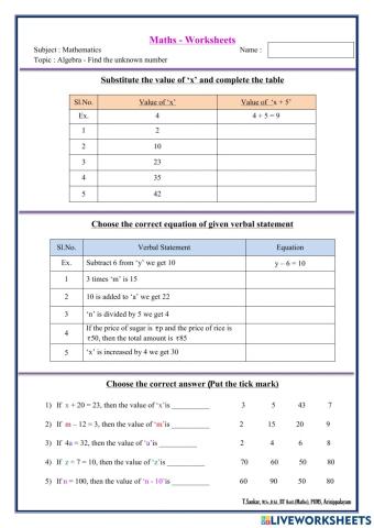 Algebra - Worksheet No.21