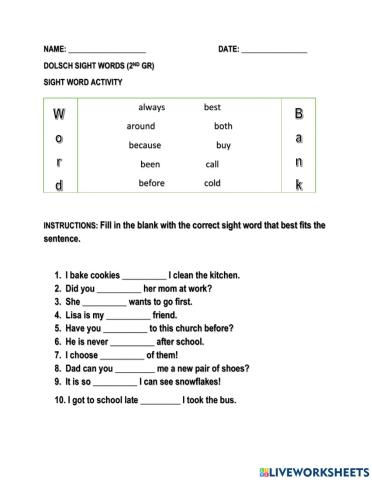 Dolsch Sight Words 2nd grade a-c words