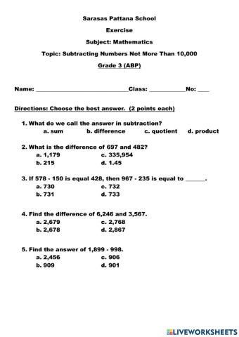 Mathematics ( Subtracting Numbers Not  More than 10,000)