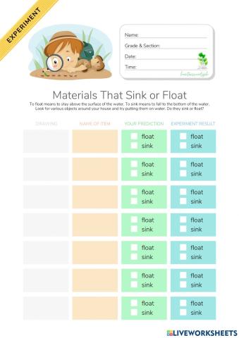 Materials That Sink or Float - Experiment - HuntersWoodsPH.com Worksheet