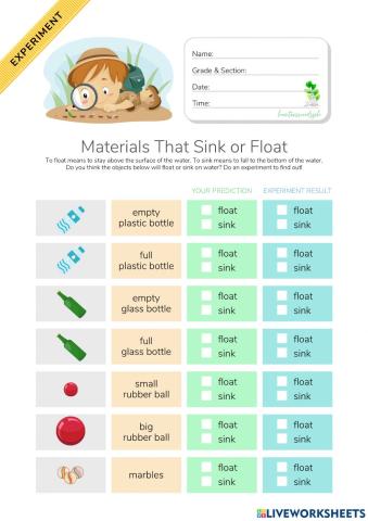 Materials That Sink or Float - Experiment - HuntersWoodsPH.com Worksheet
