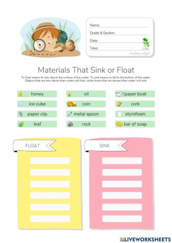Materials That Sink or Float - HuntersWoodsPH.com Worksheet