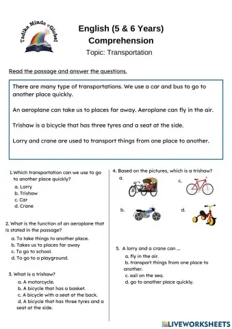 5 and 6 years: English (Comprehension:Transportation)