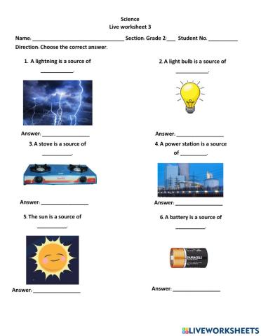 Science Activity Live worksheet  Source of energy no. 3