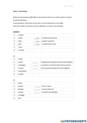 Band 2 (Core 2) - Unit 4 - Test