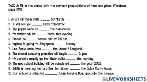 Preposition of time and place