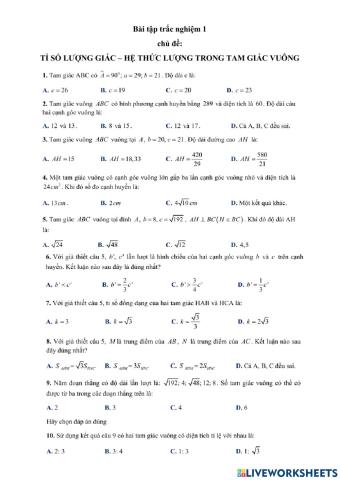 Đề 1 - Tỉ số lượng giác - Hệ thức lương trong tam giác vuông