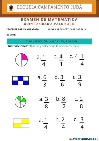 Examen de Matemáticas 5to. Grado
