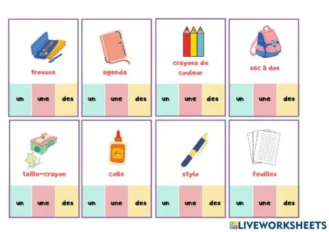 les articles indéfinis des affaires de classe