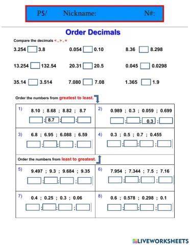 Order decimals P5