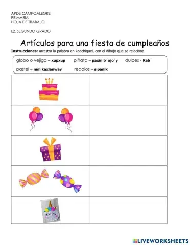 Artículos para una fiesta de cumpleaños en kaqchikel