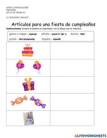 Artículos para una fiesta de cumpleaños en kaqchikel