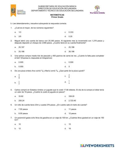Evalaución Diagnóstica Mate 1°