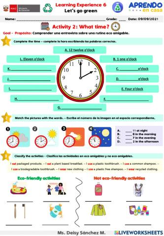 Activity 2 What time PREA1 Learning experience 6