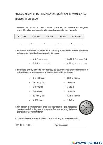 Prueba inicial 6º de Primaria Matemáticas C.Montepinar Bloque 3: medidas