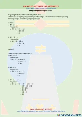 Pengurangan Bilangan Bulat MATERI + LKS